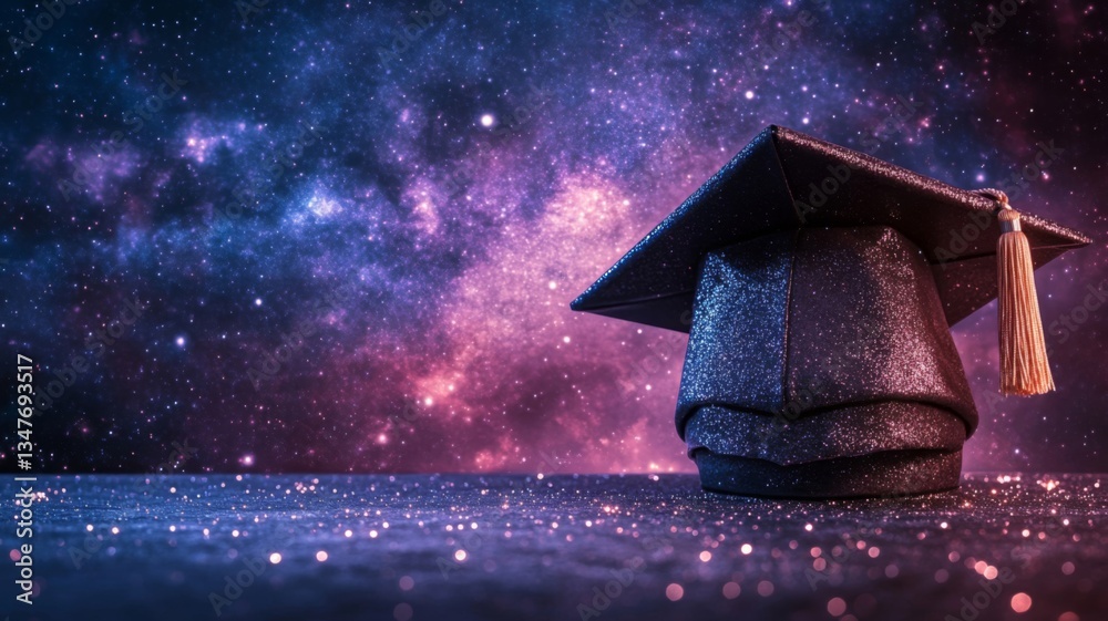 Naklejka premium Glittering Graduation Cap Against A Cosmic Nebula Background
