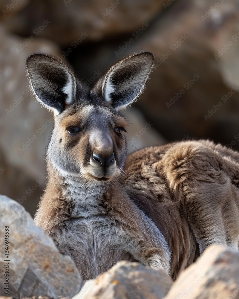 Western Grey Kangaroo resting shade of rocky outcrop fur illuminated warm afternoon sun Fine detail captured close up wildlife portrait shallow depth of field f28 dreamy background blur enhancing Western Grey Kangaroo resting shade of rocky outcrop fur illuminated warm afternoon sun Fine detail captured close up wildlife portrait shallow depth of field f28 dreamy background blur enhancing