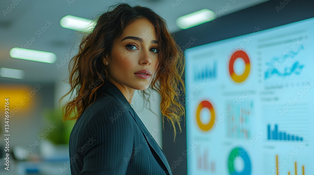 Businesswoman Portrait In Modern Office With Data Graphs