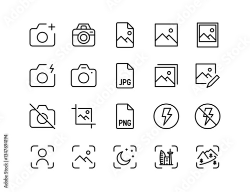 Photography & Image Editing Icons – Camera, Photo, PNG, JPG, Picture Editing, Vector Line Icons Set