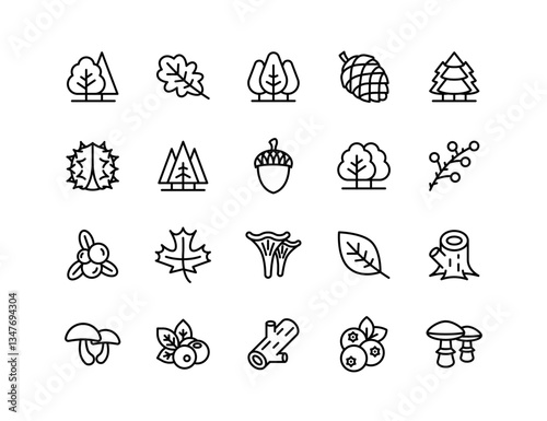 Forest Vector Icon Set | Adjustable Line Weight | Tree, Leaf, Acorn, Pinecone, Mushroom, Berry, Branch, Oak, Nature, Woodland, Timber, Stump, Ecology Icons