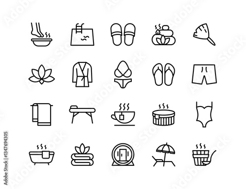 Spa Vector Icon Set | Adjustable Line Weight | Wellness, sauna, massage, hot tub, aromatherapy, steam, towel, robe, relaxation, flip flops, beauty, zen, bath, swim