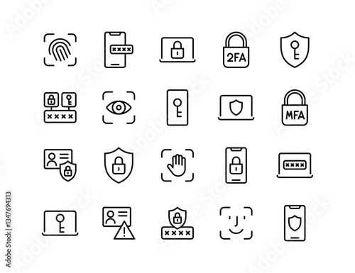 Passwords Vector Icon Set | Adjustable Line Weight | Fingerprint, passcode, lock, two factor, face ID, mobile login, eye scan, security, authentication, shield, access