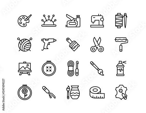 Crafts Vector Icon Set | Paint palette, yarn, sewing machine, glue gun, scissors, thread, embroidery, brush, canvas, pottery, tape, roller, handmade, needle
