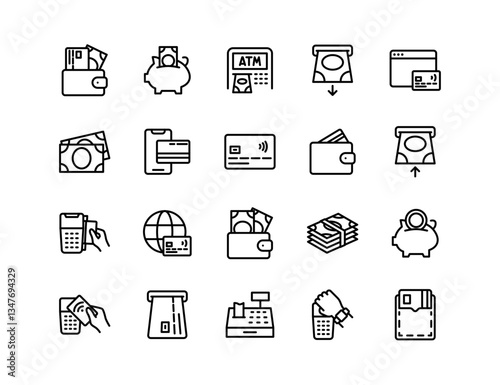 Banking Vector Icon Set | Wallet, ATM, piggy bank, credit card, mobile payment, cash, savings, transaction, finance, money, receipt, checkout, currency, deposit