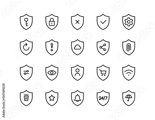 Shield Vector Icon Set | Secure key, protection, access, encryption, privacy, alert, network, cloud, settings, shopping, notification, control, trash, favorite, 24/7 support