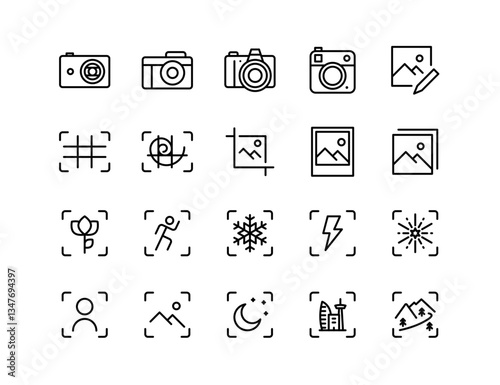 Photography Modes and Photo Editing Vector Icon Set – Digital Camera, DSLR, Instant Camera, Composition, Crop, Portrait, Landscape, Macro, Night, Fireworks, Photo Album, Modes Guide