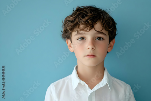A young boy in a white shirt, standing against a clean blue backdrop, offering a perfect surface for artwork or print design. 40k, , high resolution