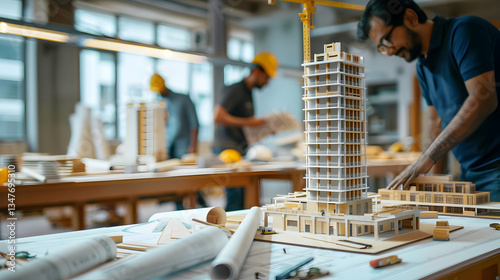 Obraz na płótnie Focused Architect Working On Building Model In Design Office w salonie