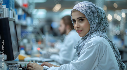 Focused Woman In Lab Coat Working On Computer