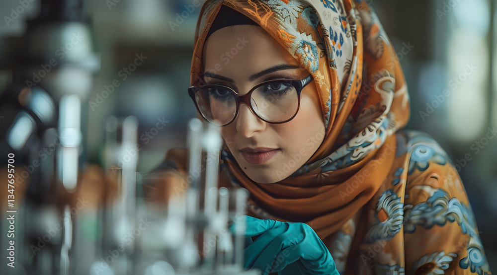 Focused Woman Scientist In Lab With Orange Hijab