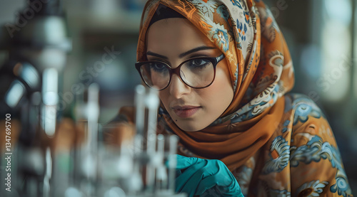 Obraz na płótnie Focused Woman Scientist In Lab With Orange Hijab w salonie