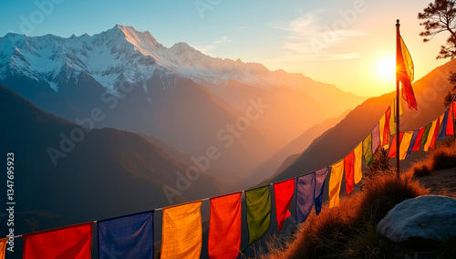 A breathtaking view of Sikkim’s snow-capped mountains, with colorful Buddhist prayer flags fluttering in the wind. photo
