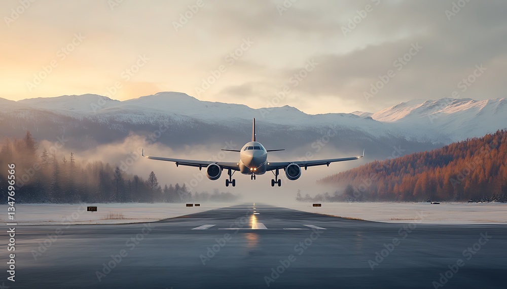 Airplane Landing for Snowy Mountains, Dawn. Airplane Landing for Snowy Mountains, Dawn.