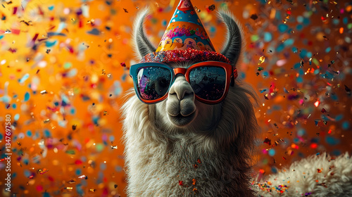 A llama in a festive hat and big fancy sunglasses stands against a festive background with confetti falling around him