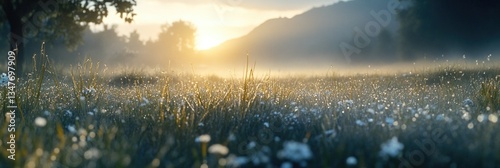 A misty meadow at dawn with sunrise