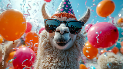 Fashionable llama with a party mood, wearing a festive hat sunglasses surrounded by floating balloons