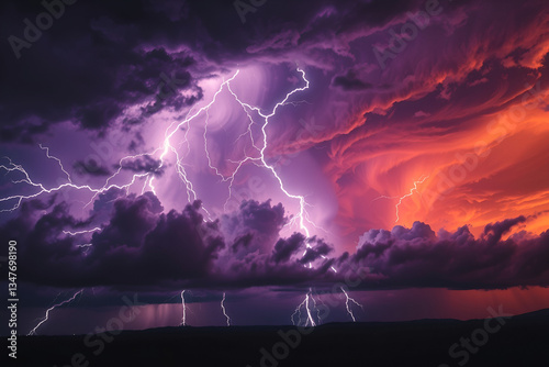 dramatic lightning storm, vibrant purple and orange sky, towering thunderclouds, multiple lightning bolts, silhouetted landscape, ominous atmosphere, stormy seascape, intense contrast, 