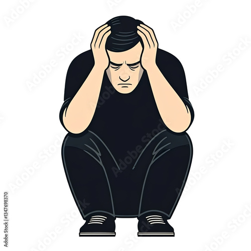 depressed man in black clothes, holding head clip art preview