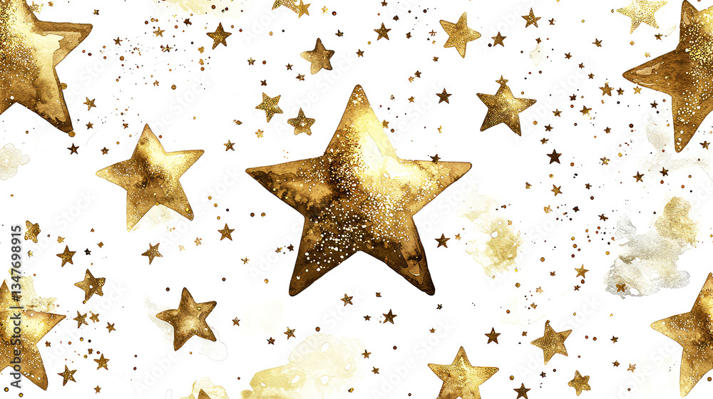 Gold Glitter Star Watercolor Texture: Festive Background Pattern for Holiday Designs