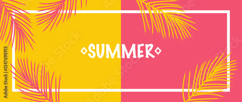 Vector illustration. Background with tropical leaves. With the inscription "summer". Summer and vacation concept. Perfect for your design, gift wrapping, home wallpaper and screensaver.