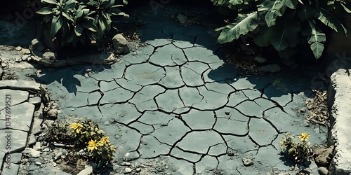 Arid landscape with cracked earth and sporadic flora indicating resilience