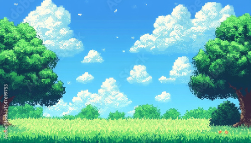 Fototapeta Naklejka Na Ścianę i Meble -  A vibrant pixel art landscape featuring lush green grass, trees, and a bright blue sky filled with fluffy clouds, evoking a classic video game scene. 
