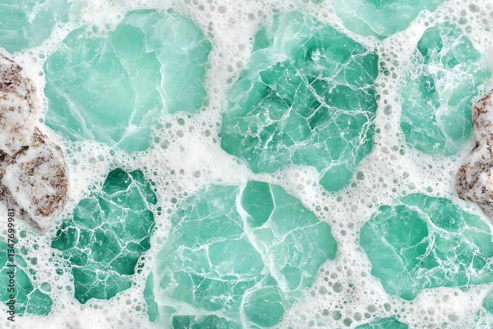 Fototapeta premium Turquoise tiles in white foam, close up, texture