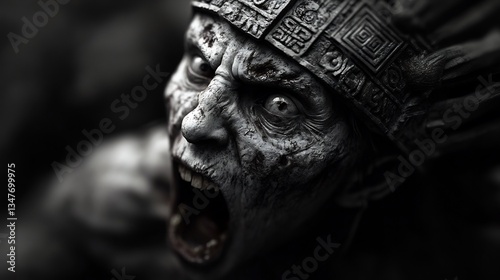Screaming Mayan Zombie Sculpture: A Monochrome Masterpiece