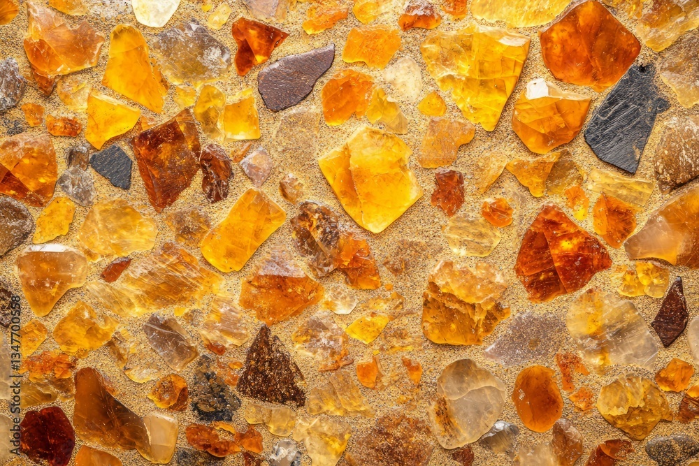 Fototapeta premium Sunlit amber stones on natural pebble background. Artificial Intelligence image