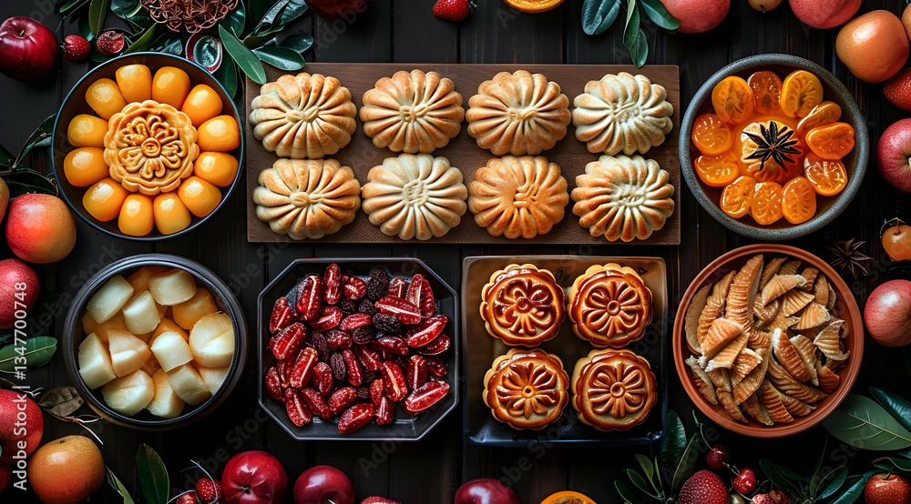 Assortment Of Traditional Mooncakes And Fruits On Dark Wooden Background