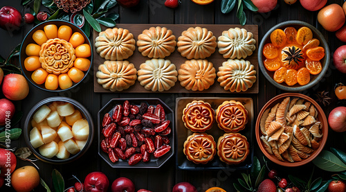 Obraz na płótnie Assortment Of Traditional Mooncakes And Fruits On Dark Wooden Background w salonie