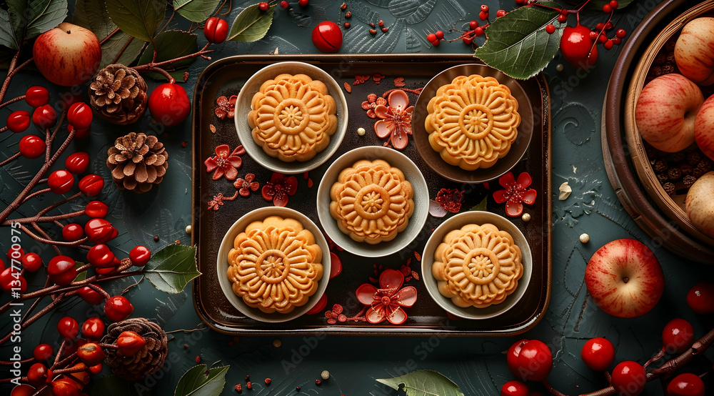 Beautifully Arranged Mid-Autumn Mooncakes on Teal Tray