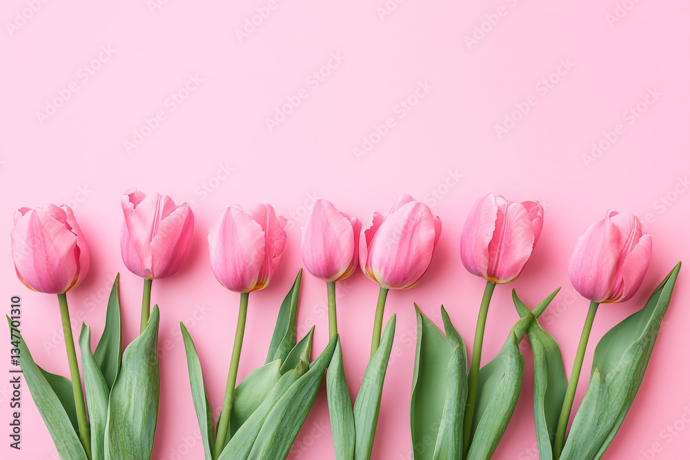 Beautiful composition spring flowers. Bouquet of pink tulips flowers on pastel pink background. Valentine's Day, Easter, Birthday, Happy Women's Day, Mother's Day. Flat lay, top view, copy space Beautiful composition spring flowers. Bouquet of pink tulips flowers on pastel pink background. Valentine's Day, Easter, Birthday, Happy Women's Day, Mother's Day. Flat lay, top view, copy space