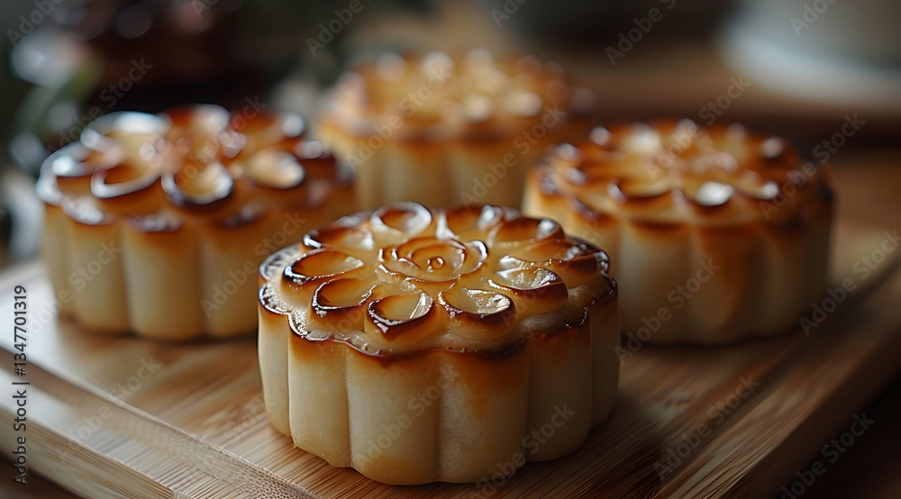 Close Up Of Delicious Mooncakes On Wooden Board