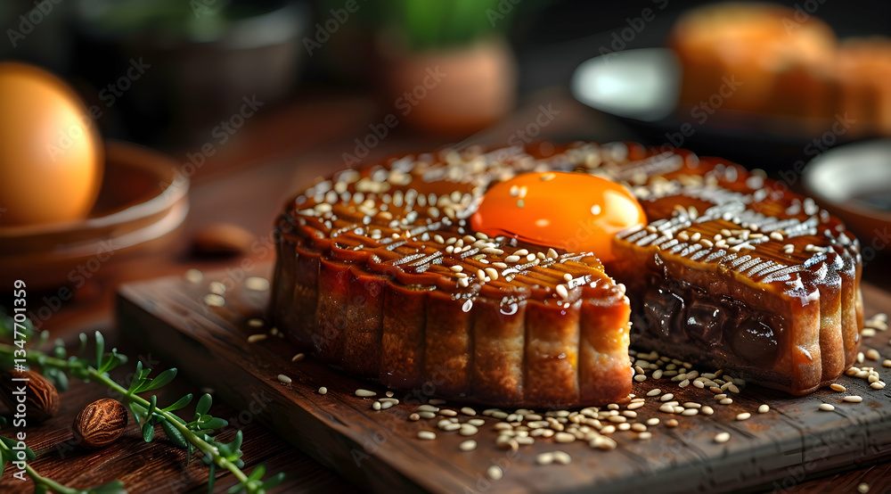 Close Up Of Delicious Sliced Mooncake With Orange Egg Yolk On Wooden Board