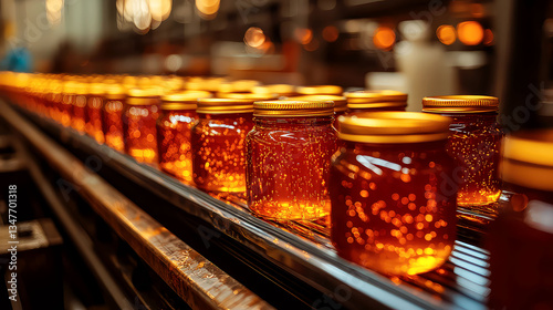 Honey Production: Golden Jars on Conveyor Belt