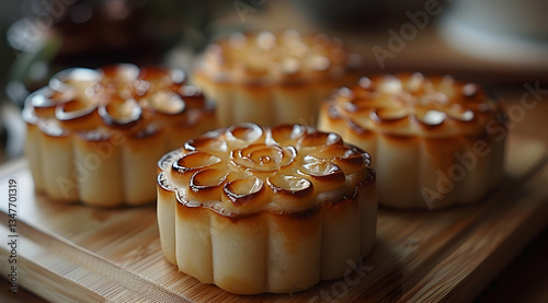 Obraz na płótnie Close Up Of Delicious Mooncakes On Wooden Board w salonie