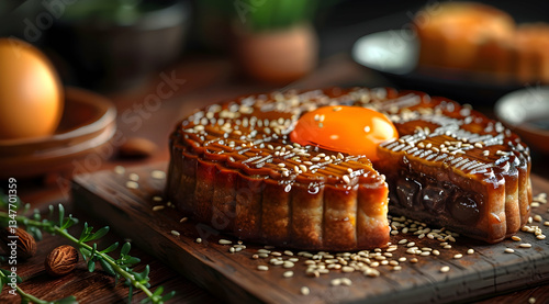 Obraz na płótnie Close Up Of Delicious Sliced Mooncake With Orange Egg Yolk On Wooden Board w salonie