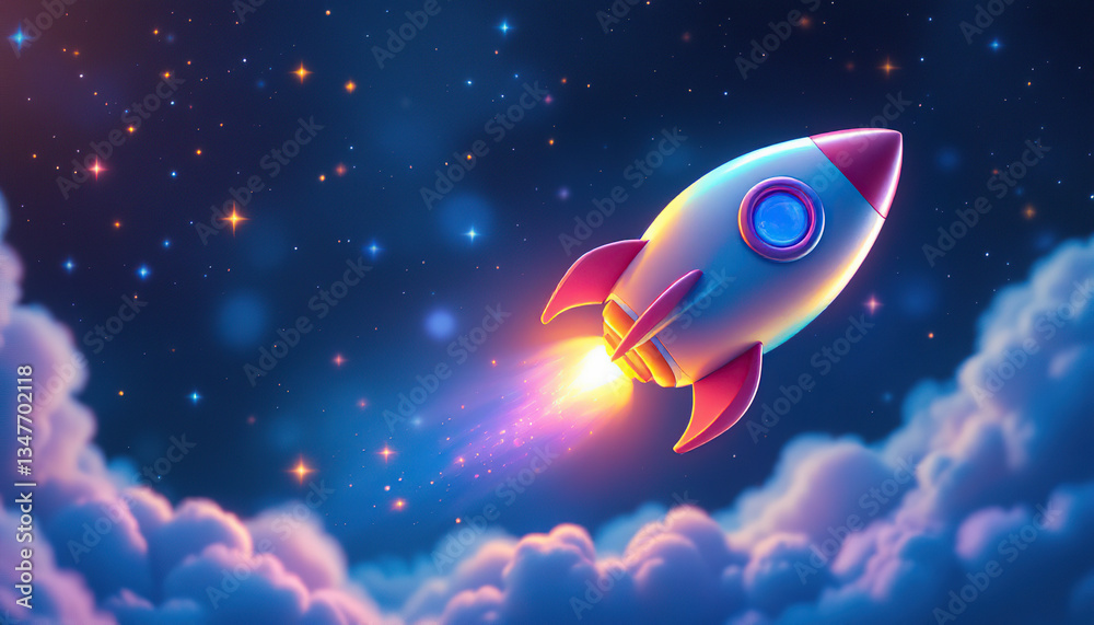 A brightly colored rocket ship flying into the night sky above clouds A brightly colored rocket ship flying into the night sky above clouds