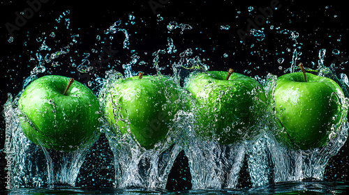 Juicy Green Apples Splashing in Water: A Refreshing Photography