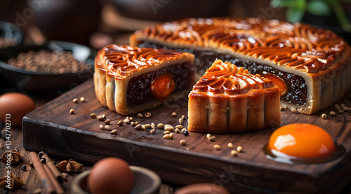 Obraz na płótnie Delicious Sliced Mooncakes With Golden Egg Yolk w salonie
