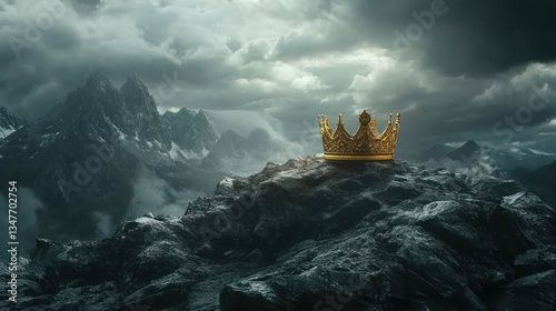 Golden crown atop mountain peak, stormy sky, leadership concept