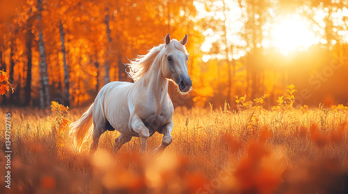 Majestic White Horse Running in Autumn Sunset: A Breathtaking Nature Scene