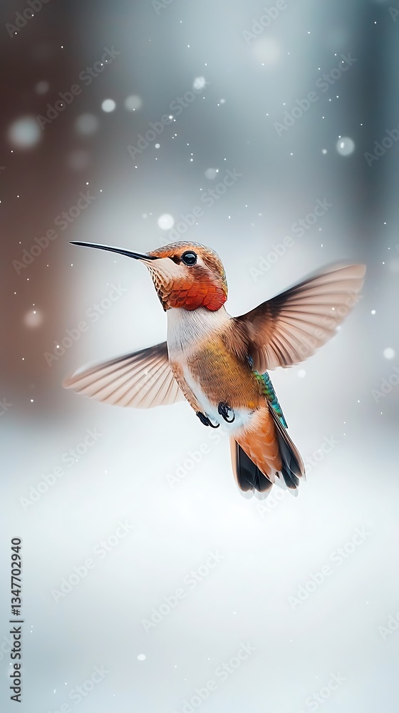 Naklejka premium Hummingbird in flight, winter scene