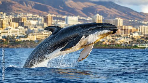Majestic Whale Leaps Over City Skyline: Breathtaking Ocean Wildlife Scene