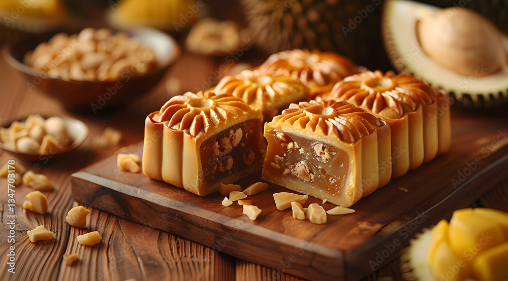 Golden Brown Mid-Autumn Mooncakes On Wooden Board