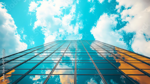 Modern Glass Skyscraper Reflecting Sky and Clouds: Urban Architecture Photography