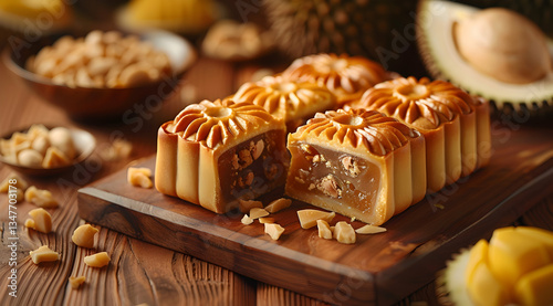Obraz na płótnie Golden Brown Mid-Autumn Mooncakes On Wooden Board w salonie