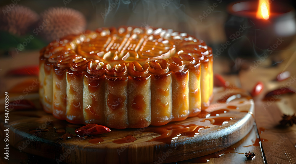Golden Brown Mooncake On Wooden Tray With Spices
